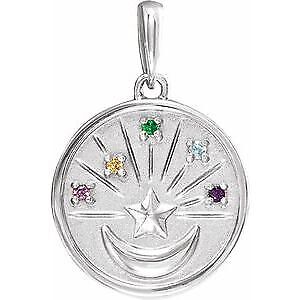 14k White Gold Petite Multi-Gemstone Celestial Coin Pendant Gift for Women