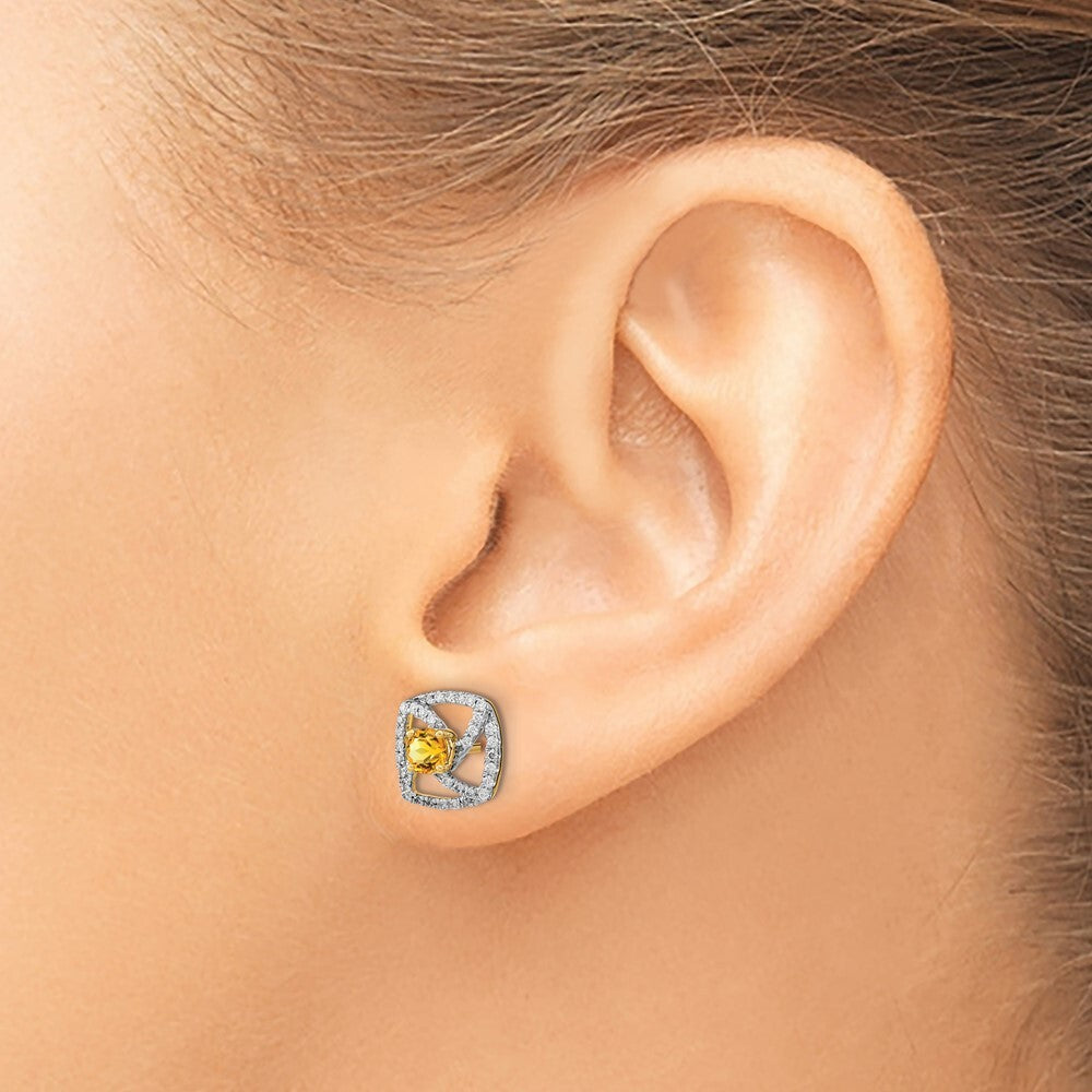 14k Yellow Gold Polished Diamond and Citrine Square Stud Earrings