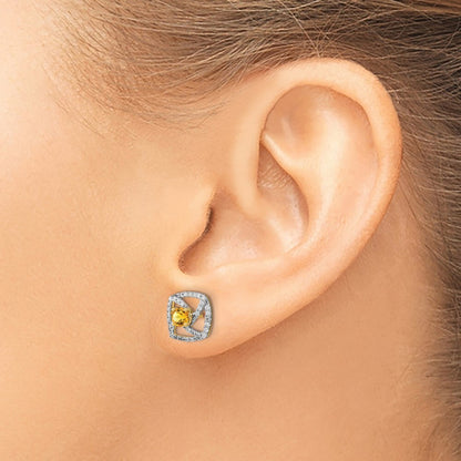 14k Yellow Gold Polished Diamond and Citrine Square Stud Earrings