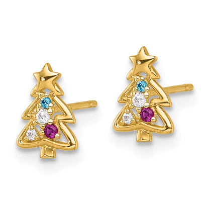 14k Yellow Gold Green Glass Red & Cubic Zirconia Christmas Tree Stud Earrings