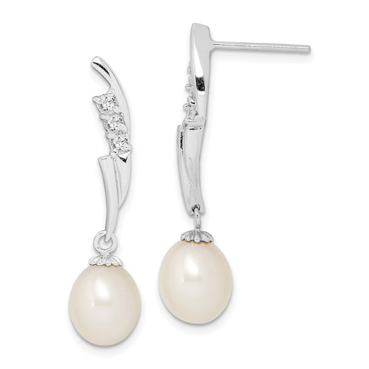 Sterling Silver 7-8mm Rice Cultured Pearl & Cubic Zirconia Post Dangle Earrings