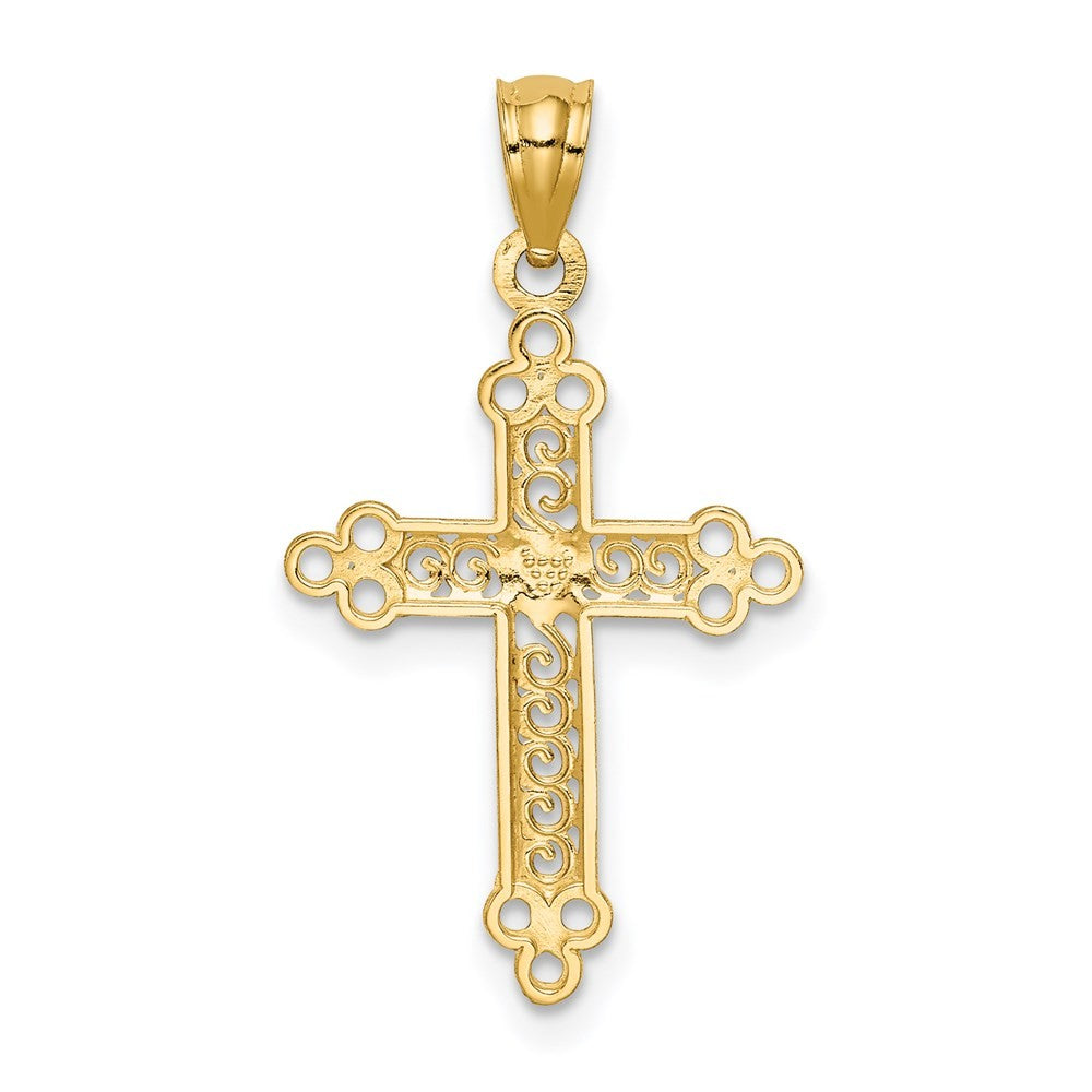 14k Yellow Gold w Rhodium Budded Cross Pendant