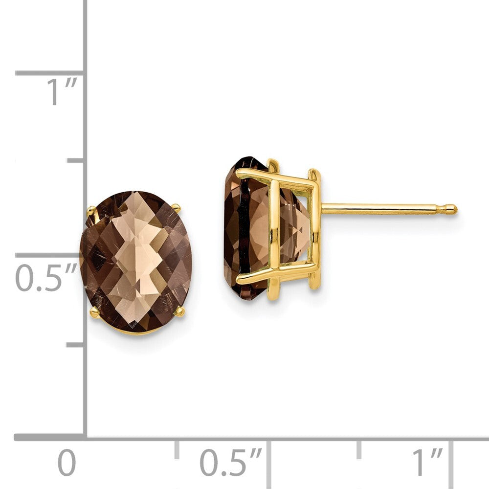 14k Yellow Gold 10x8 Oval Checker-Cut Smoky Quartz Stud Earrings