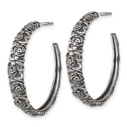 Sterling Silver Antiqued Graduated Floral Post Hoop Earrings