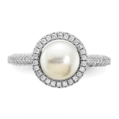 Sterling Silver 7-8mm Button White Freshwater Cultured Pearl and CZ Ring Size 8