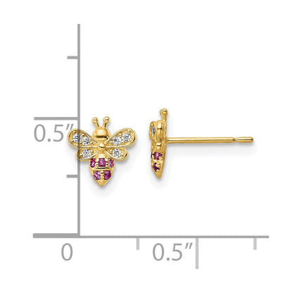 14k Yellow Gold Clear & Red Cubic Zirconia Bee Stud Earrings Gift for Women