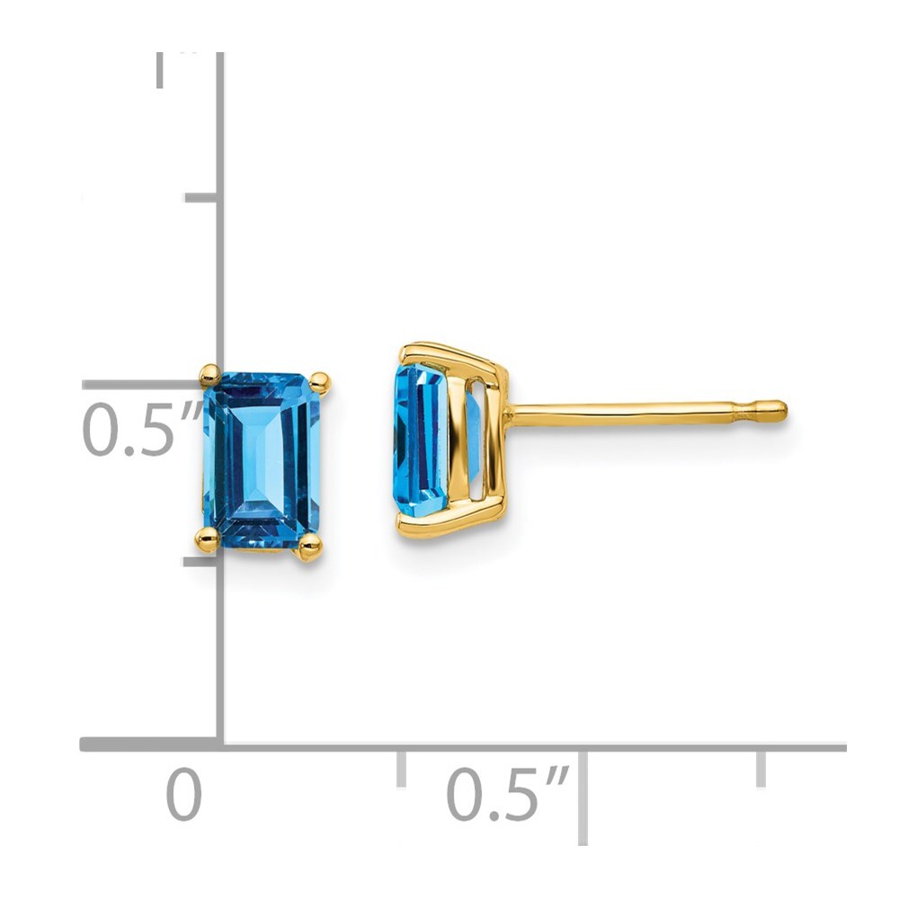 14k Yellow Gold 6x4mm Emerald Cut Blue Topaz Stud Earrings Gift for Women