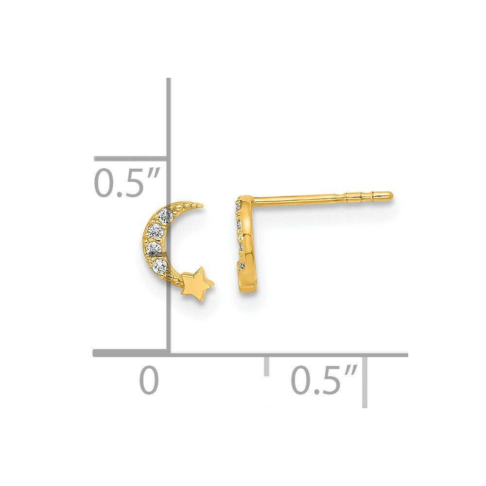 14k Yellow Gold Polished Moon and Star Cubic Zirconia Stud Earrings