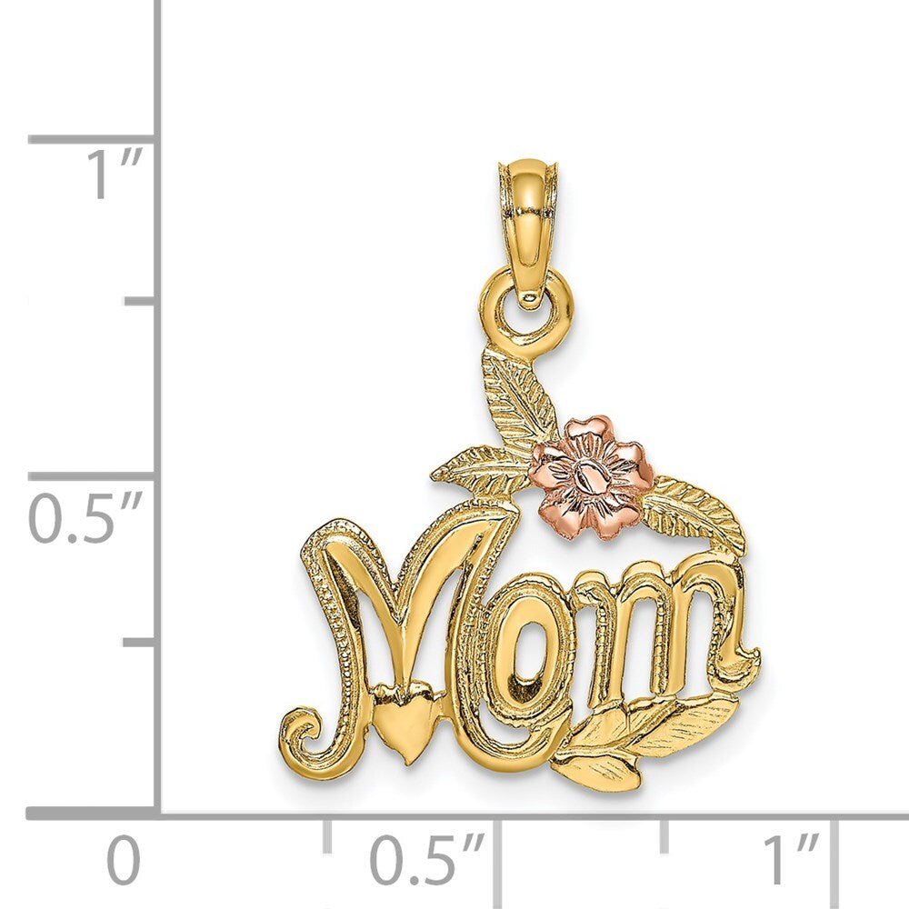 14k Two-tone Gold Polished MOM and Flower Pendant for Women
