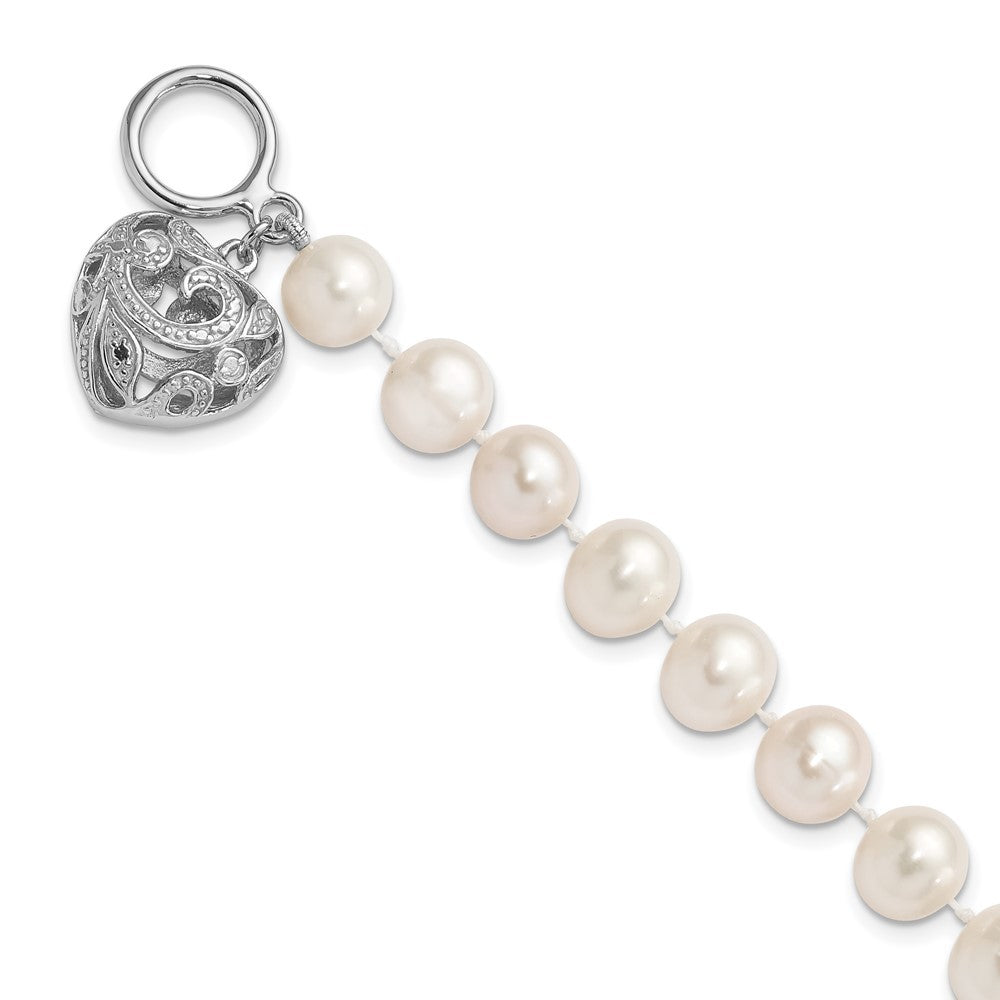 Sterling Silver 8-9mm White Near-Round Cultured Pearl Heart Toggle 7.5" Bracelet