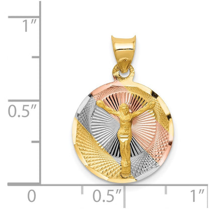 14k Yellow Gold w Rose and White Rhodium Diamond-Cut Corpus Circle Pendant