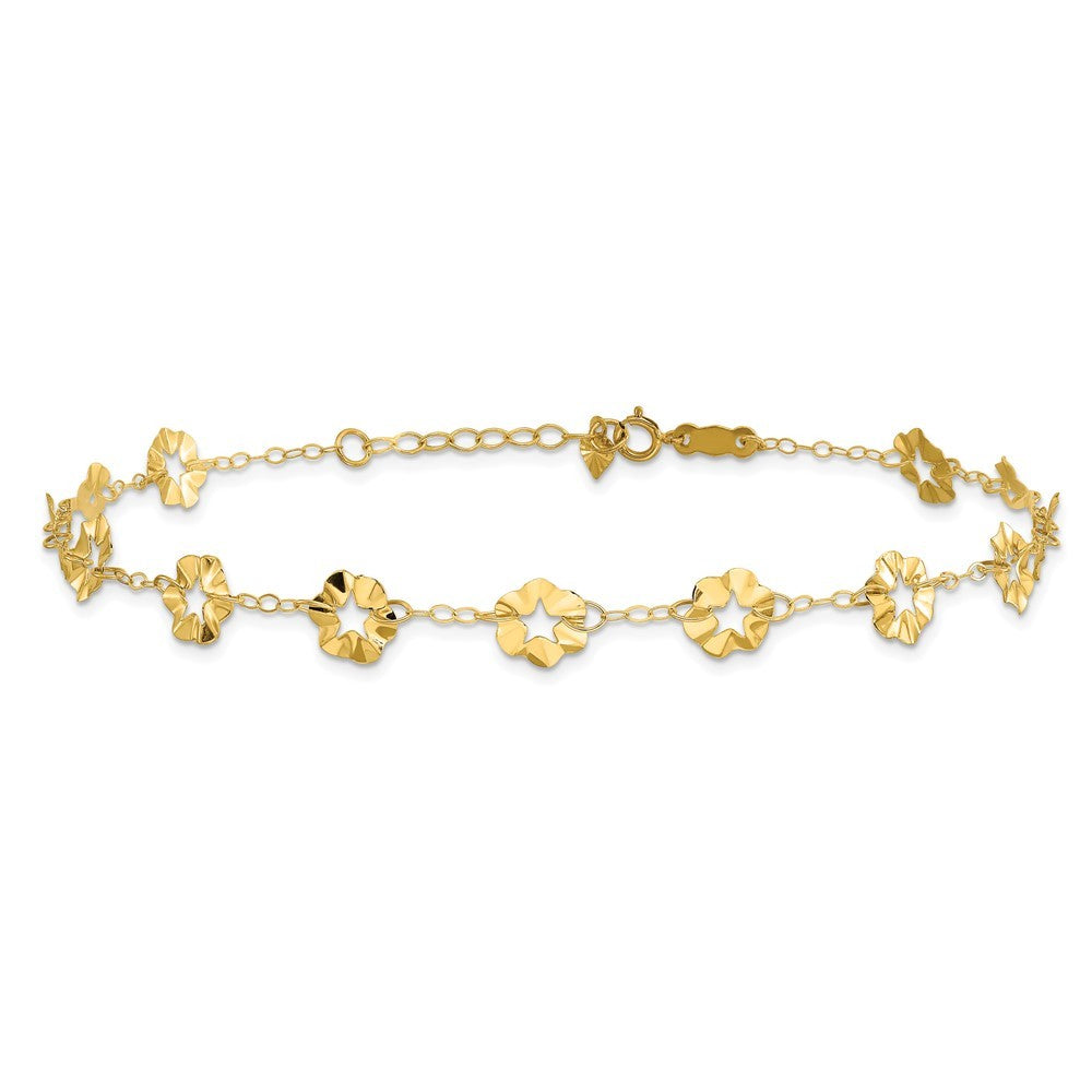 14k Yellow Gold Ruffle Star Flowers 11" Anklet