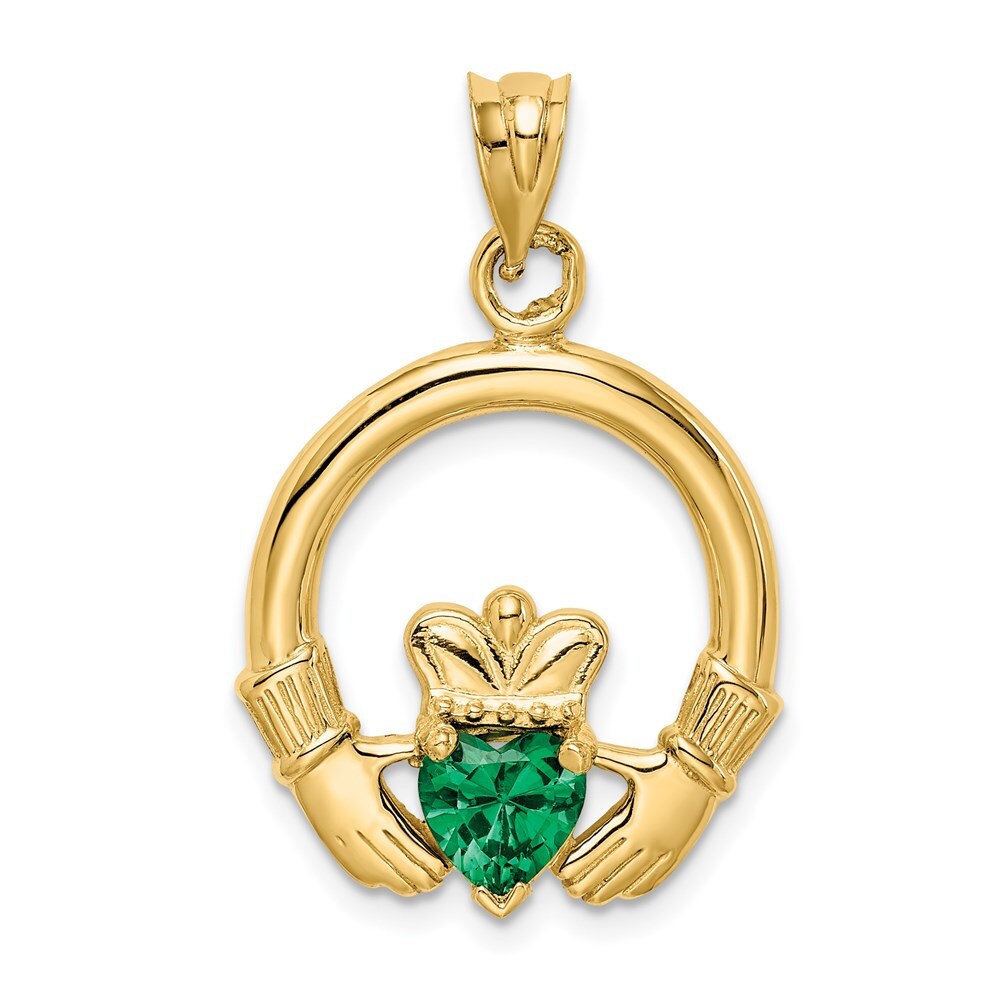 14k Yellow Gold Claddagh with Synthetic Green Stone Pendant