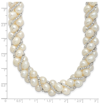 Sterling Silver 6-7mm White Pearl and Glass Beaded Twisted Necklace 18"