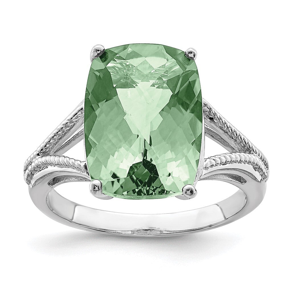 Sterling Silver Rhodium Checker-Cut Green Quartz Ring Size 7