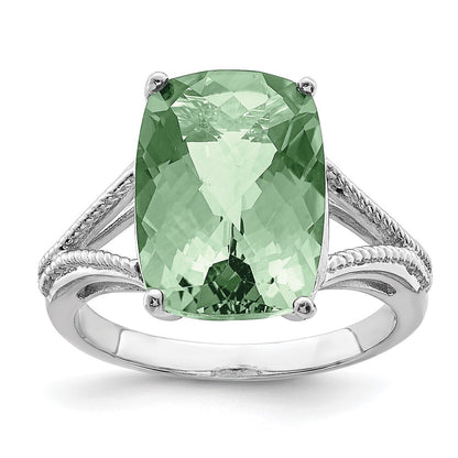Sterling Silver Rhodium Checker-Cut Green Quartz Ring Size 7