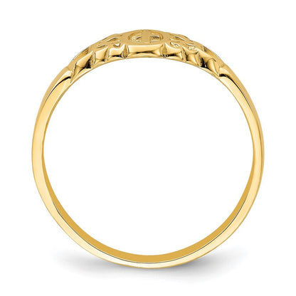 14K Yellow Gold Cross Inside Oval W/Scroll and Heart Ring Size 7