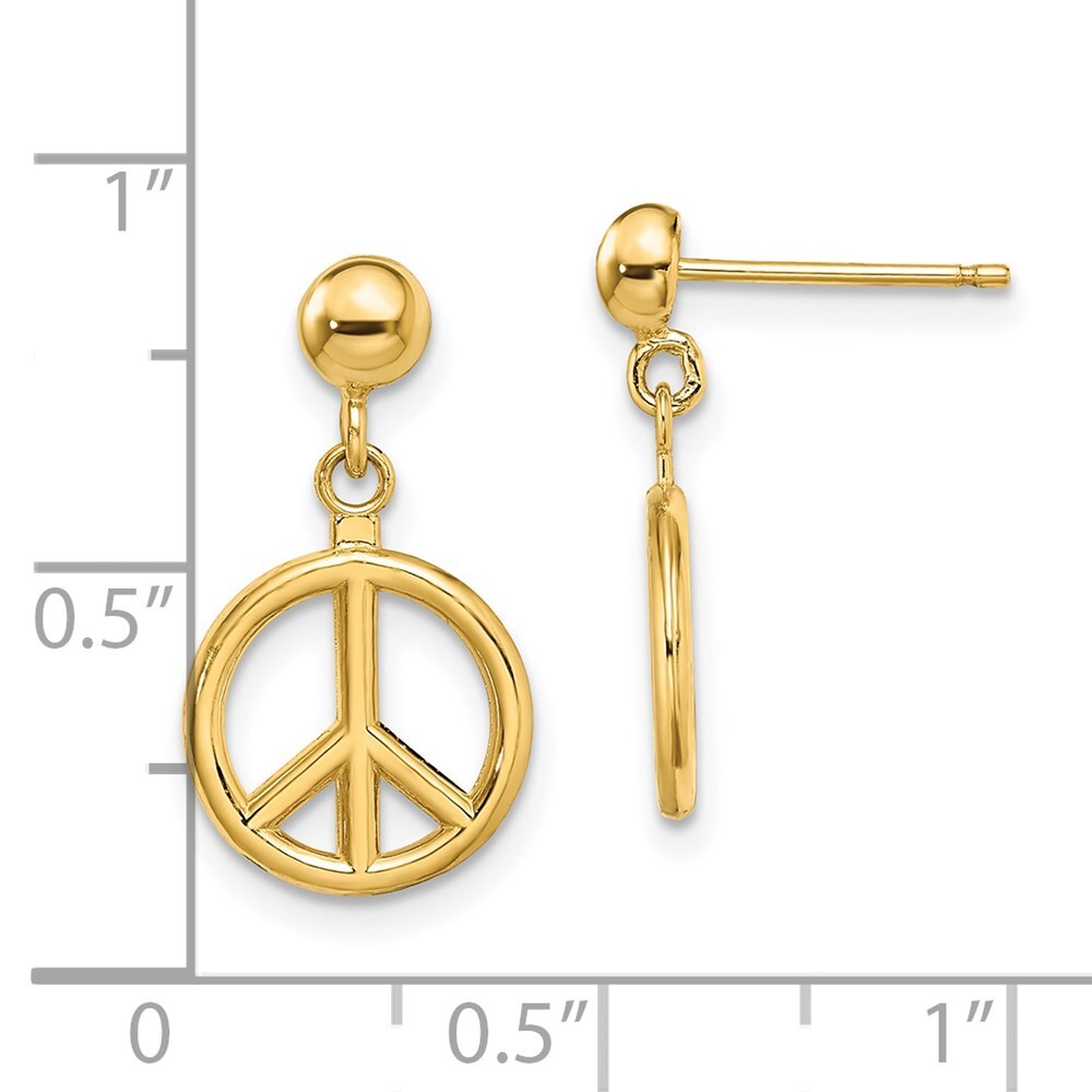 14k Yellow Gold 3-D Polished Peace Symbol Dangle Earrings Gift for Women