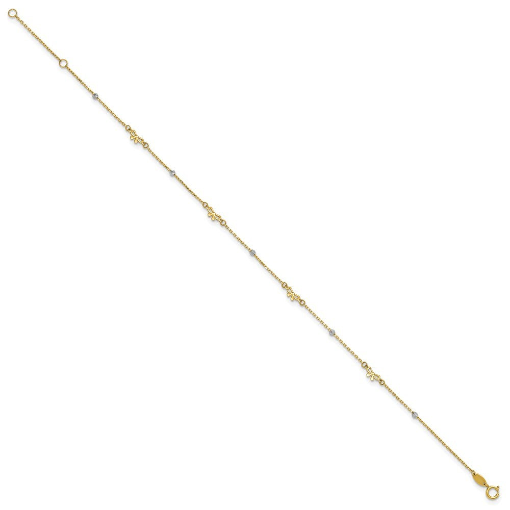 14k Two-tone Polished Diamond-cut Beads and Bows 10" Anklet