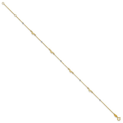 14k Two-tone Polished Diamond-cut Beads and Bows 10" Anklet