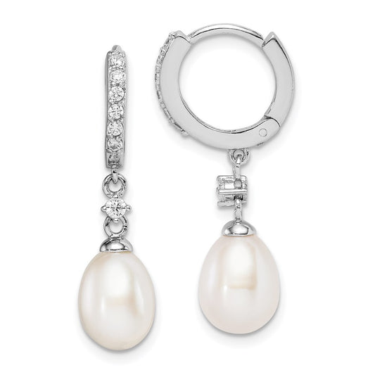 Sterling Silver 7-8mm White Cultured Pearl & Cubic Zirconia Hoop Dangle Earrings