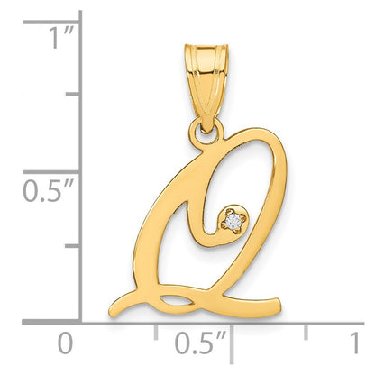 14k Yellow Gold Script Letter Q Initial Pendant with Diamond for Women
