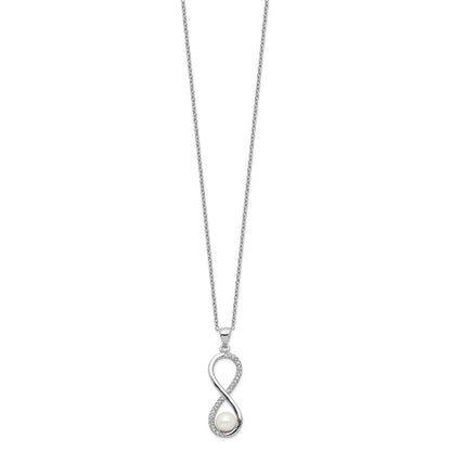 Sterling Silver 5-6mm White Round Cultured Pearl and CZ Infinity 17" Necklace