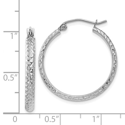 14K White Gold Diamond-cut 2.8x25mm Hollow Hoop Earrings Gift for Women
