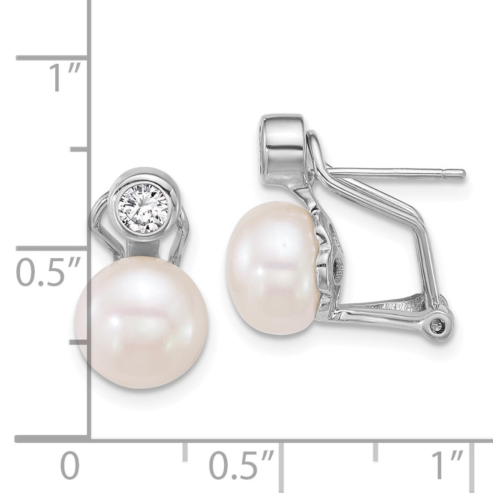 Sterling Silver 8-9mm Freshwater Cultured Pearl and CZ Omega Back Earrings