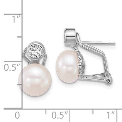 Sterling Silver 8-9mm Freshwater Cultured Pearl and CZ Omega Back Earrings