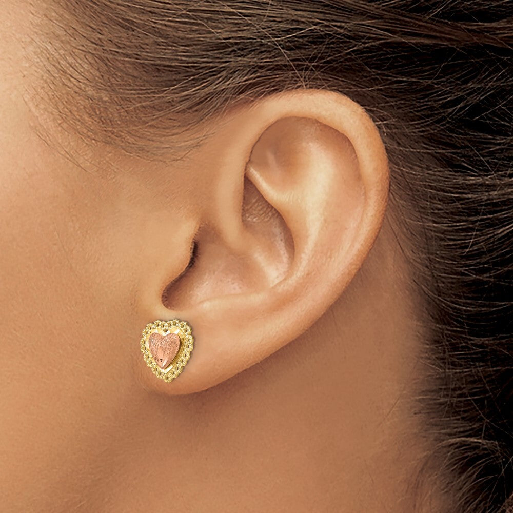 14k Two-tone Gold Diamond-Cut Heart w/ Lace Trim Stud Earrings