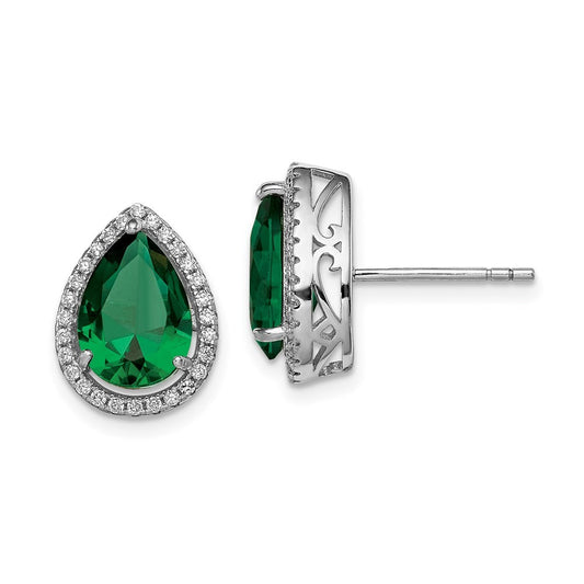 Sterling Silver Rhodium Simulated Emerald & CZ Earrings
