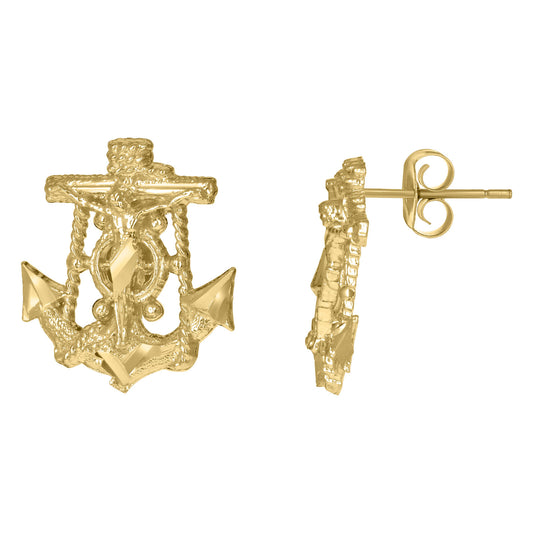 10kt Two-Tone Gold Religious Anchor Crucifix Stud Earrings