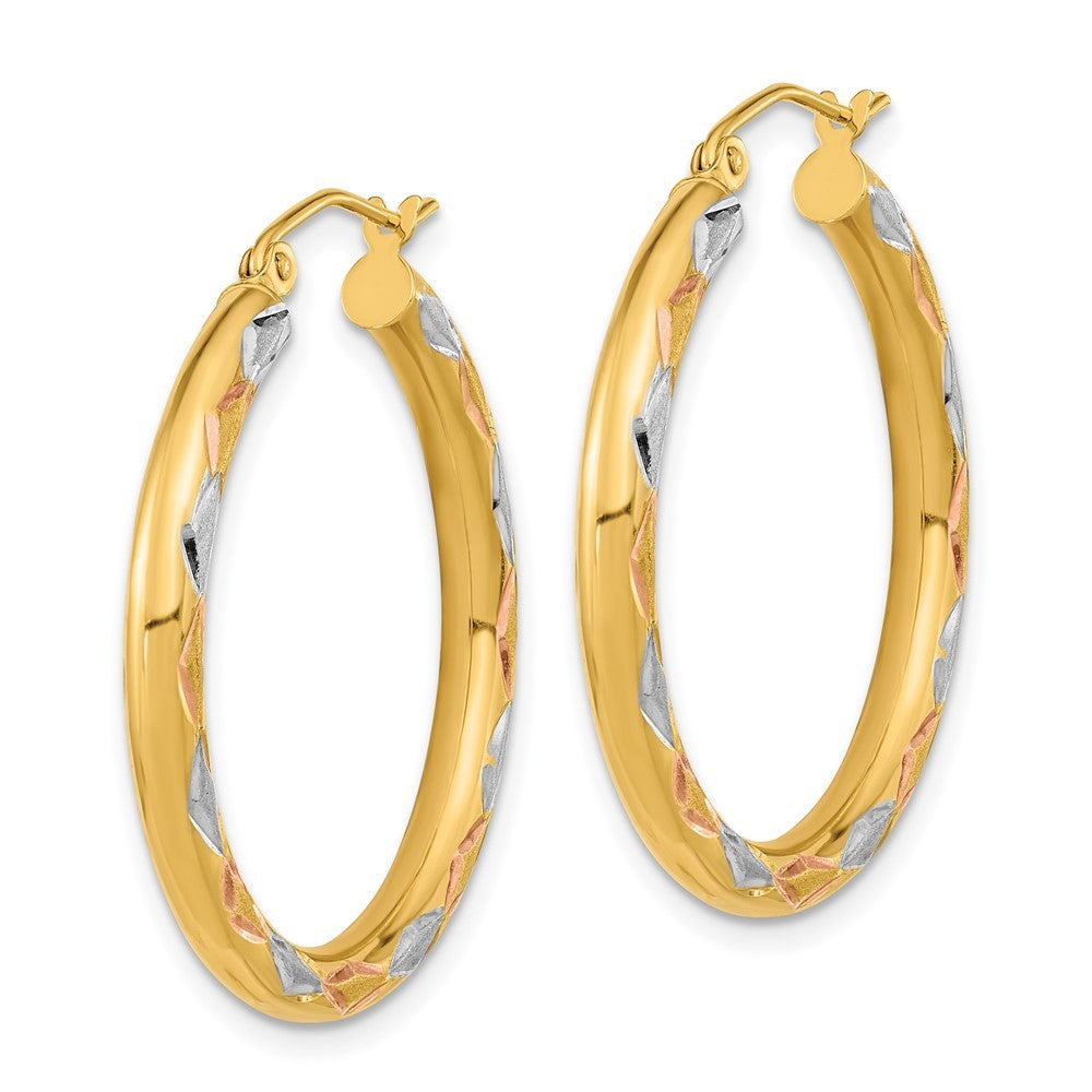 14k Yellow Gold White Rhodium Polished Satin and Diamond-cut Hoop Earrings