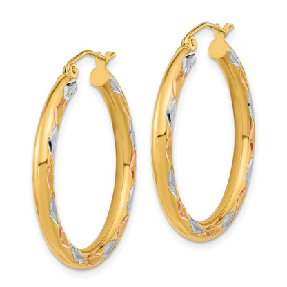 14k Yellow Gold White Rhodium Polished Satin and Diamond-cut Hoop Earrings