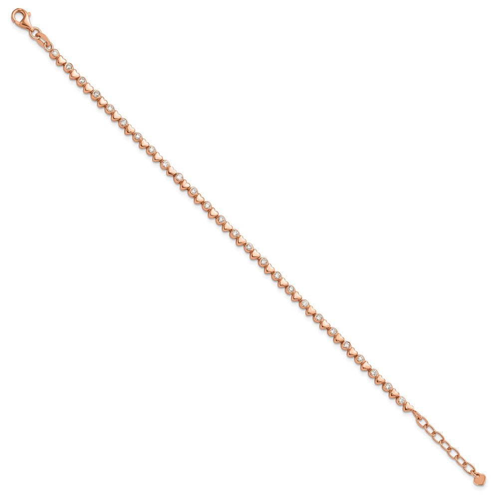 Sterling Silver Rose Tone Polished CZ and Hearts 7in w/1in ext. Bracelet