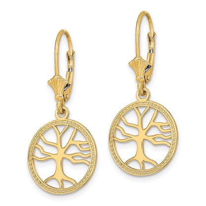 14k Yellow Gold Tree of Life In Round Frame Drop Dangle Earrings