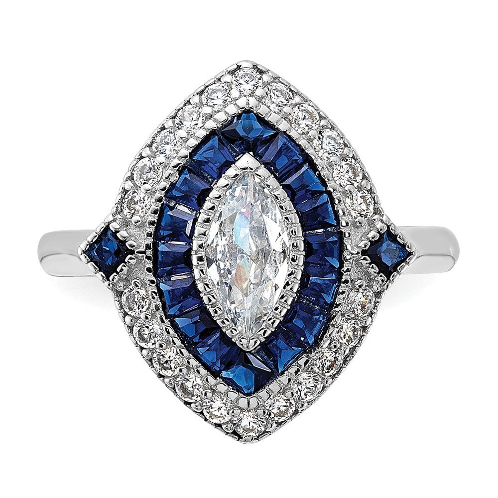 Sterling Silver Rhodium-plated Cubic Zirconia and Blue Spinel Ring SZ 8