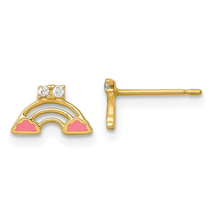 14k Yellow Gold Polished Pink Enamel and Cubic Zirconia Rainbow Stud Earrings