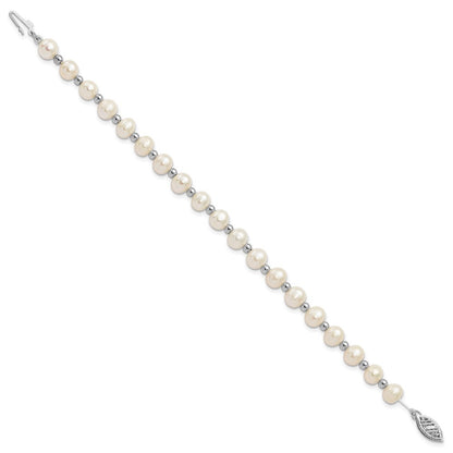 14k White Gold 6mm White Near-Round Freshwater Cultured Pearl Beaded 7" Bracelet