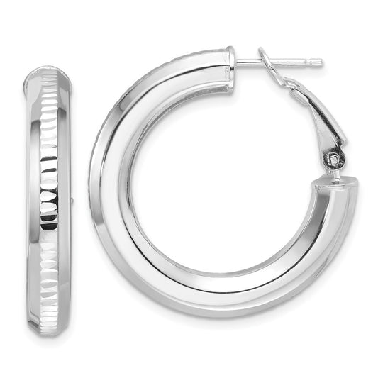 Sterling Silver RH-pltd Diamond-cut 4.75mm Omega Back Round Hoop Earrings