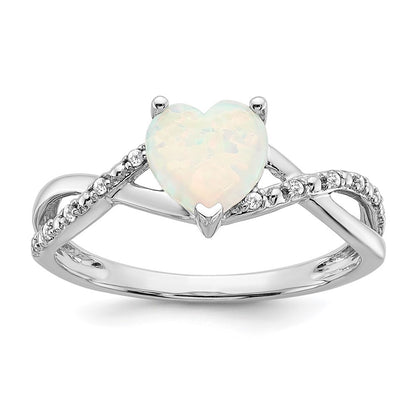 14k White Gold Created Opal and Diamond Heart Ring Size 7