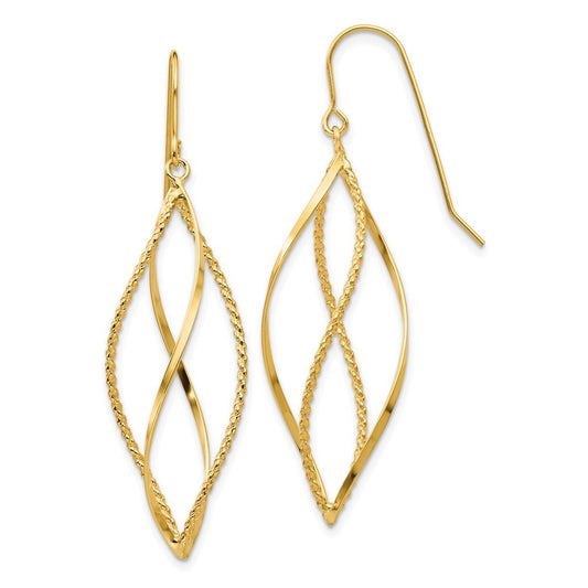 14k Yellow Gold Polished and Textured Twisted Dangle Earrings