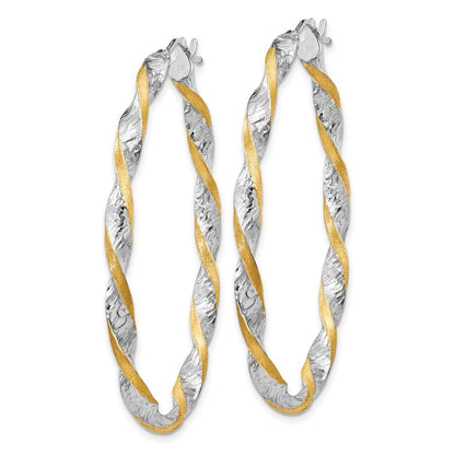 14k White Gold & Yellow Rhodium Twisted Diamond-Cut Oval Hoop Earrings
