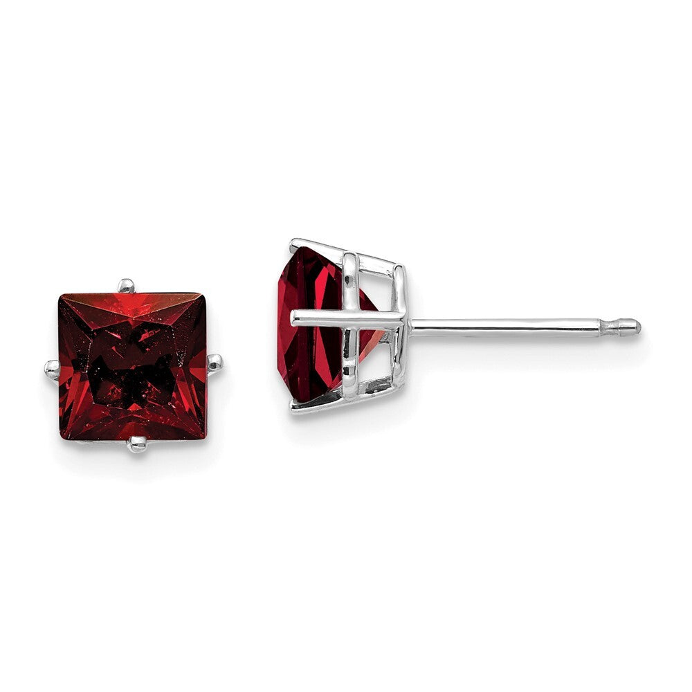 14k White Gold 6mm Princess Cut Garnet Stud Earrings Gift for Women
