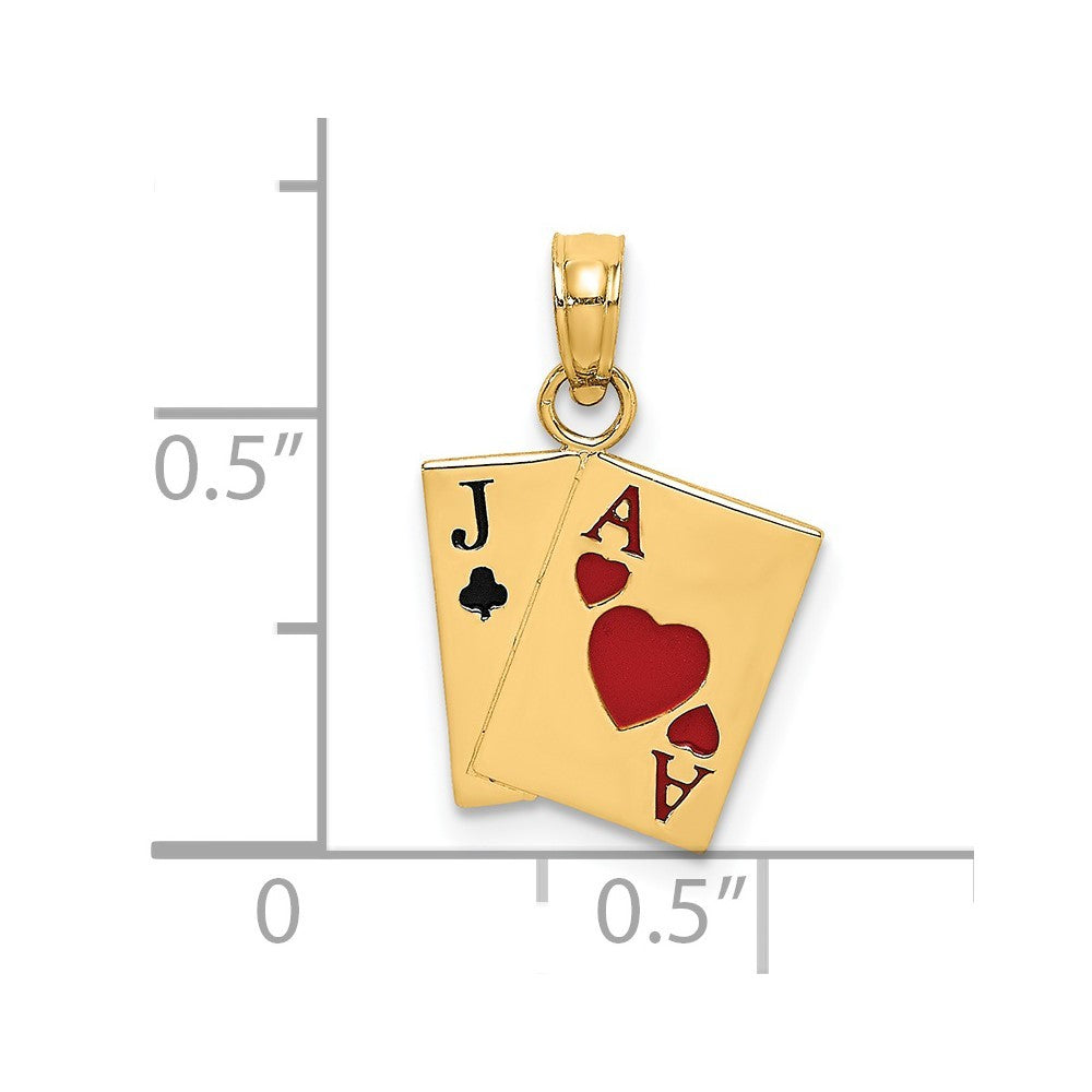 14k Yellow Gold Enamel Jack of Clubs and Ace of Hearts Cards Charm