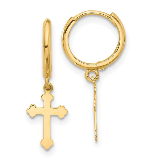 14k Yellow Gold Hinged Dangle Cross Hoop Earrings