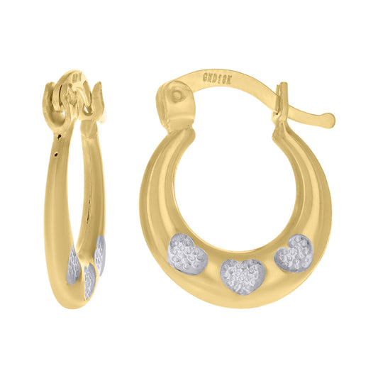 10kt Gold Two-Tone Heart 14mm X16.5mm Hinged Huggie Hoop Earrings