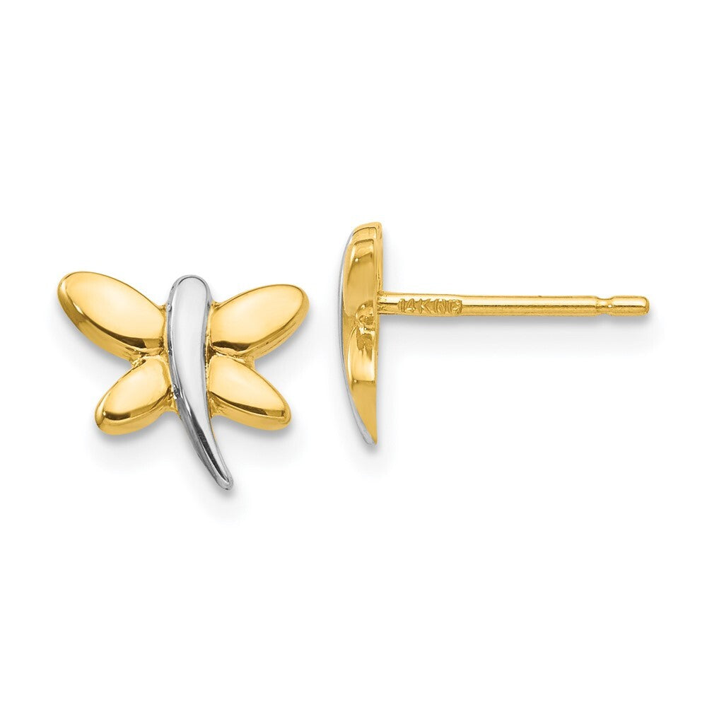 14k Yellow Gold with Rhodium Polished Dragonfly Stud Earrings
