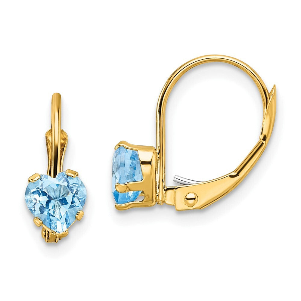 14k Yellow Gold 5mm Heart Blue Topaz Dangle Earrings Leverback Gift for Women